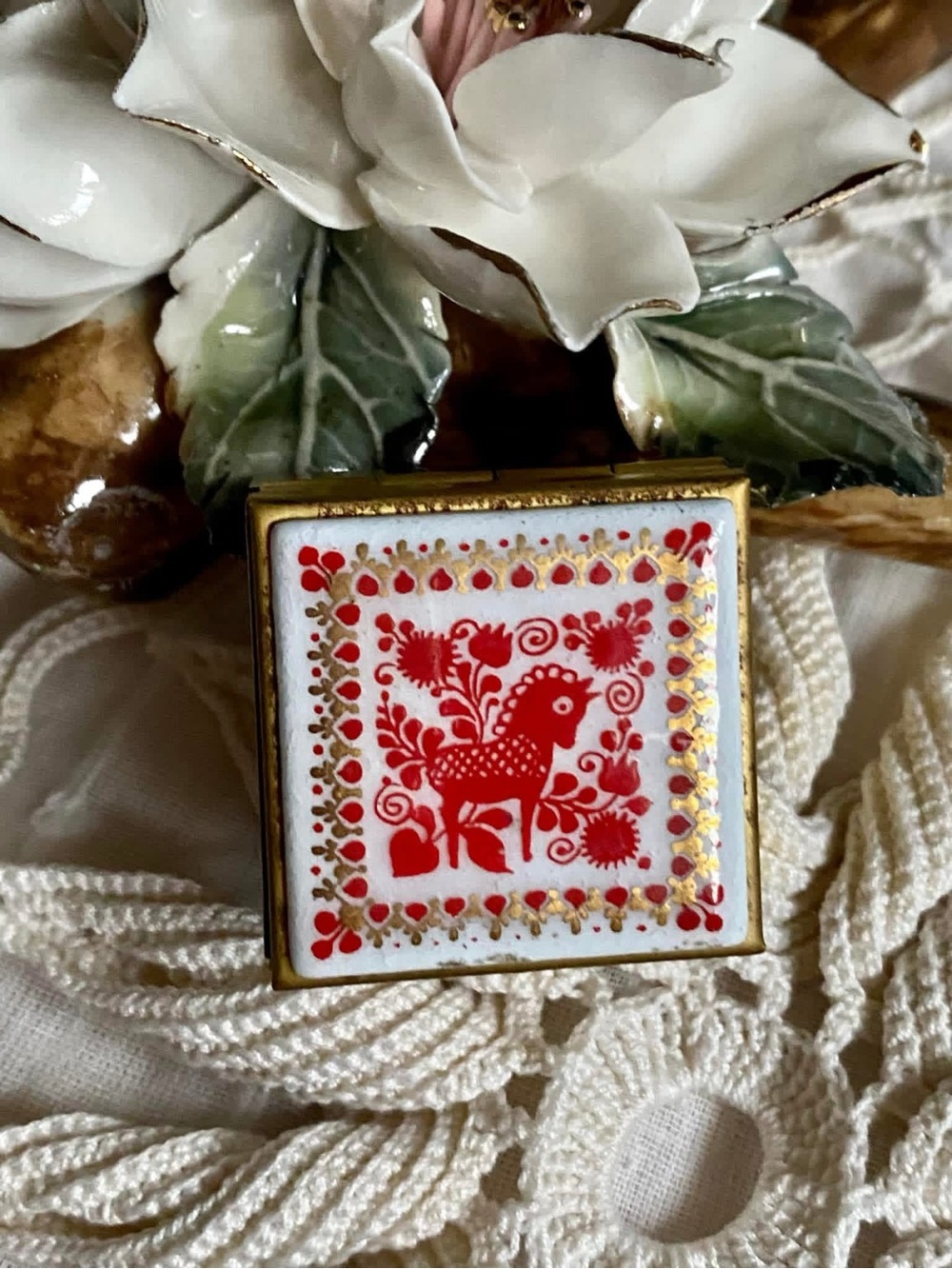 Vintage Red Folk Horse Pill or Jewelry Box with Gold Trim